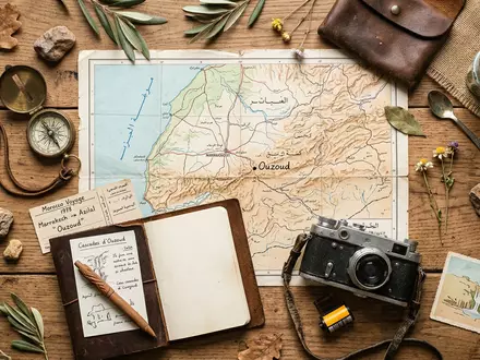 Flatlay-Reise-Arrangement rund um Ouzoud-Wasserfalle in Ouzoud Marokko, Karte Kompass Kamera und generische Reiserequisiten - Foto: THN