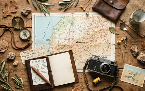 Flatlay-Reise-Arrangement rund um Ouzoud-Wasserfalle in Ouzoud Marokko, Karte Kompass Kamera und generische Reiserequisiten - Foto: THN