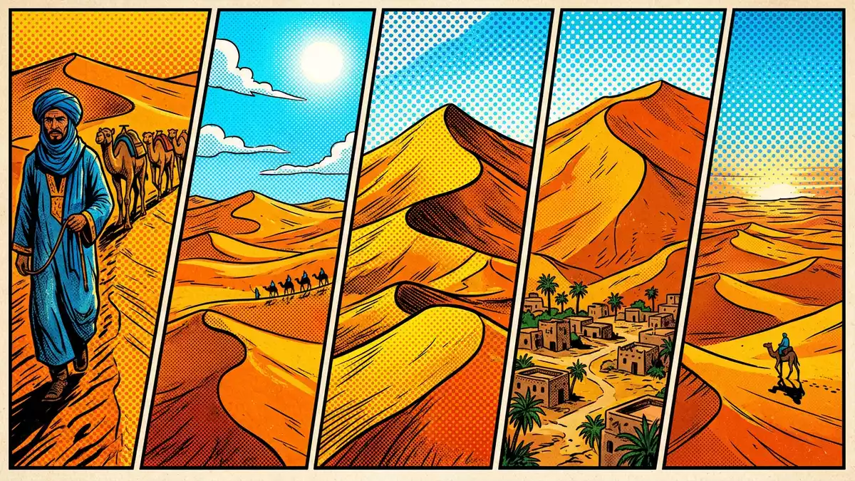 Pop-Art-Comic von Erg Chebbi Merzouga in Merzouga, Marokko mit Rasterpunkten