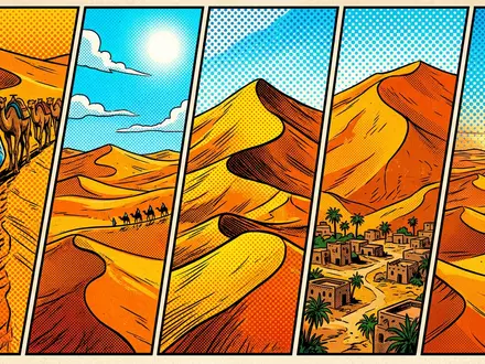 Pop-Art-Comicillustration des Wahrzeichens Erg Chebbi Merzouga in Merzouga Marokko, kraeftige Konturen Rasterpunkte und satte Farben - Foto: THN