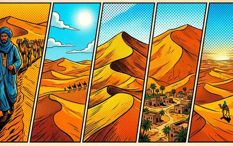 Pop-Art-Comicillustration des Wahrzeichens Erg Chebbi Merzouga in Merzouga Marokko, kraeftige Konturen Rasterpunkte und satte Farben - Foto: THN