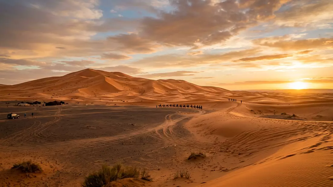 Fotorealistische Ansicht von Erg Chebbi Merzouga in Merzouga, Marokko im Abendlicht