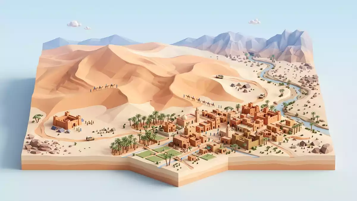 Isometrisches Diorama von Erg Chebbi Merzouga in Merzouga, Marokko in Pastell