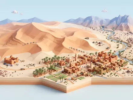 Isometrisches Diorama von Erg Chebbi Merzouga und Umgebung in Merzouga Marokko, verspielte Low-Poly-Kulisse in Pastellfarben - Foto: THN