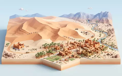 Isometrisches Diorama von Erg Chebbi Merzouga und Umgebung in Merzouga Marokko, verspielte Low-Poly-Kulisse in Pastellfarben - Foto: THN