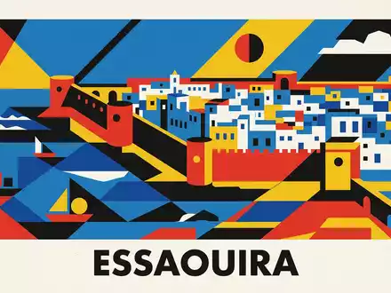 Bauhaus-Poster als geometrische Abstraktion von Essaouira-Medina in Essaouira Marokko, kraeftige Grundfarben und harte Formkanten - Foto: THN
