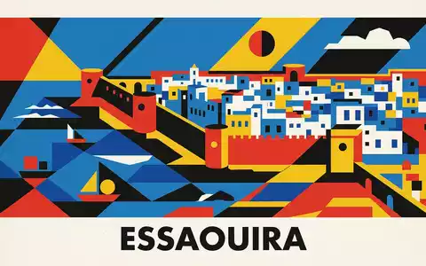 Bauhaus-Poster als geometrische Abstraktion von Essaouira-Medina in Essaouira Marokko, kraeftige Grundfarben und harte Formkanten - Foto: THN