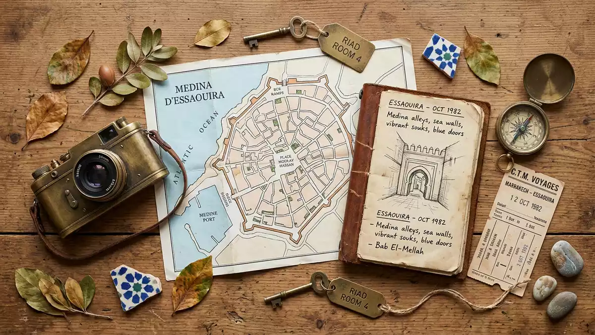 Flatlay-Reise-Arrangement rund um Essaouira-Medina in Essaouira, Marokko
