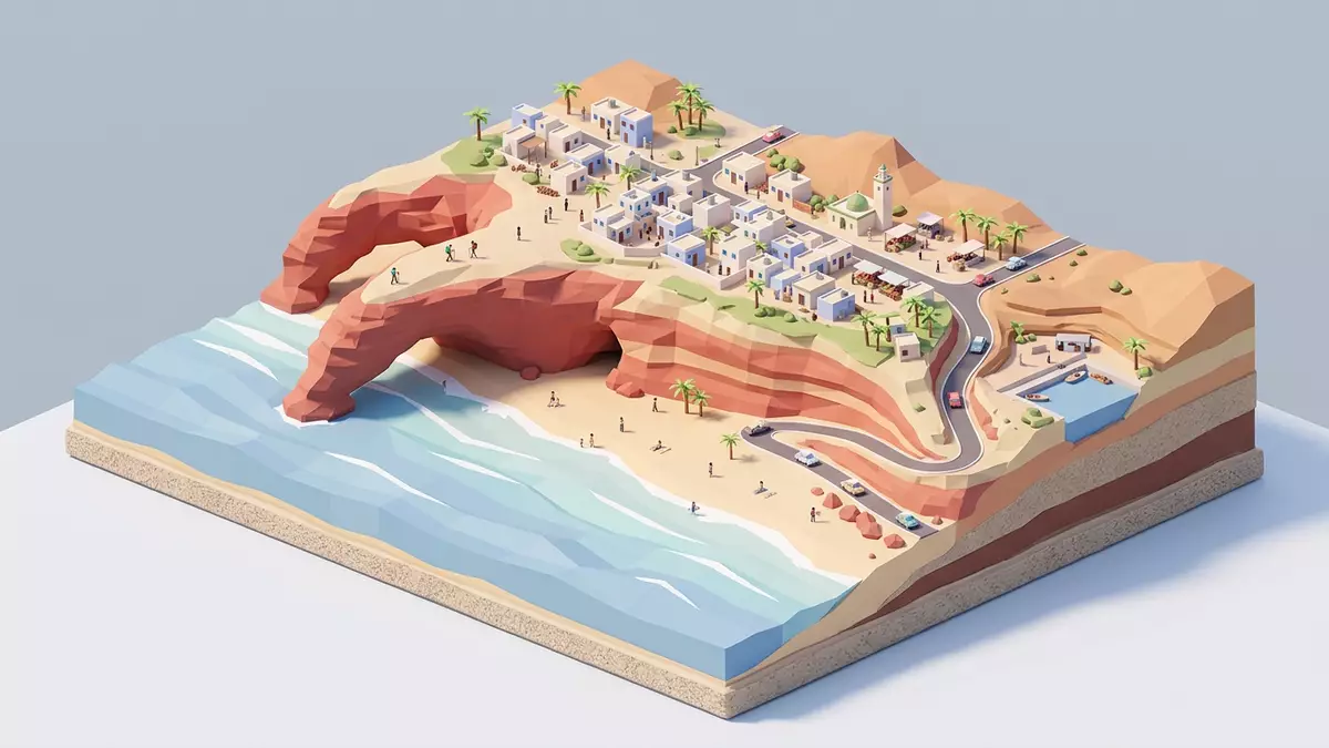 Isometrisches Diorama von Legzira-Strand in Sidi Ifni, Marokko in Pastell