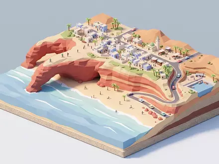 Isometrisches Diorama von Legzira-Strand und Umgebung in Sidi Ifni Marokko, verspielte Low-Poly-Kulisse in Pastellfarben - Foto: THN