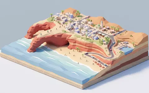 Isometrisches Diorama von Legzira-Strand und Umgebung in Sidi Ifni Marokko, verspielte Low-Poly-Kulisse in Pastellfarben - Foto: THN