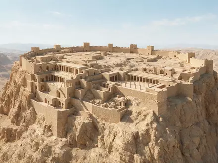 Moderner Architektur-Render zeigt Silhouette von Masada in Masada Israel, klare Linien und neutrales Tageslicht - Foto: THN