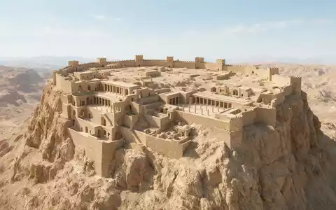 Moderner Architektur-Render zeigt Silhouette von Masada in Masada Israel, klare Linien und neutrales Tageslicht - Foto: THN