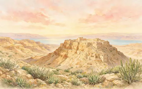 Aquarellillustration des Wahrzeichens Masada in Masada Israel, weiche Farbverläufe und pastelliges Reiseposter-Feeling - Foto: THN