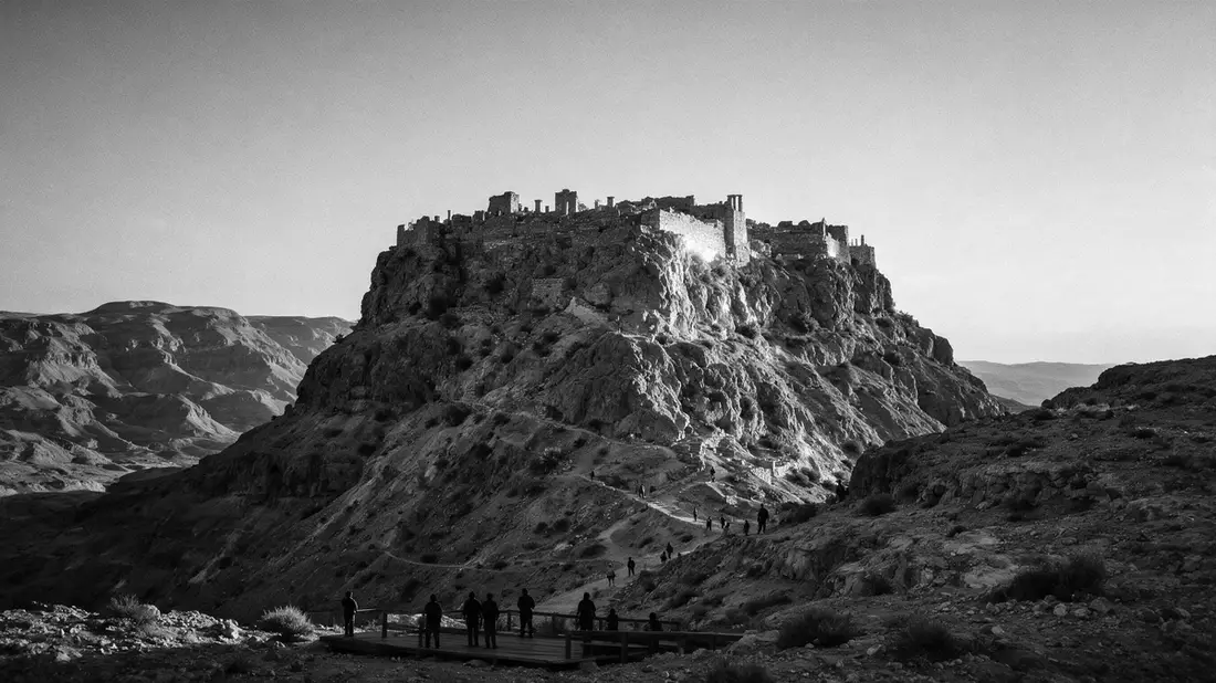 Schwarzweiss-Reportage vom Wahrzeichen Masada in Masada, Israel