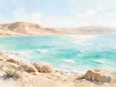 Aquarellillustration des Wahrzeichens Totes Meer Israel in En Bokek Israel, weiche Farbverläufe und pastelliges Reiseposter-Feeling - Foto: THN