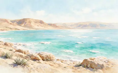 Aquarellillustration des Wahrzeichens Totes Meer Israel in En Bokek Israel, weiche Farbverläufe und pastelliges Reiseposter-Feeling - Foto: THN
