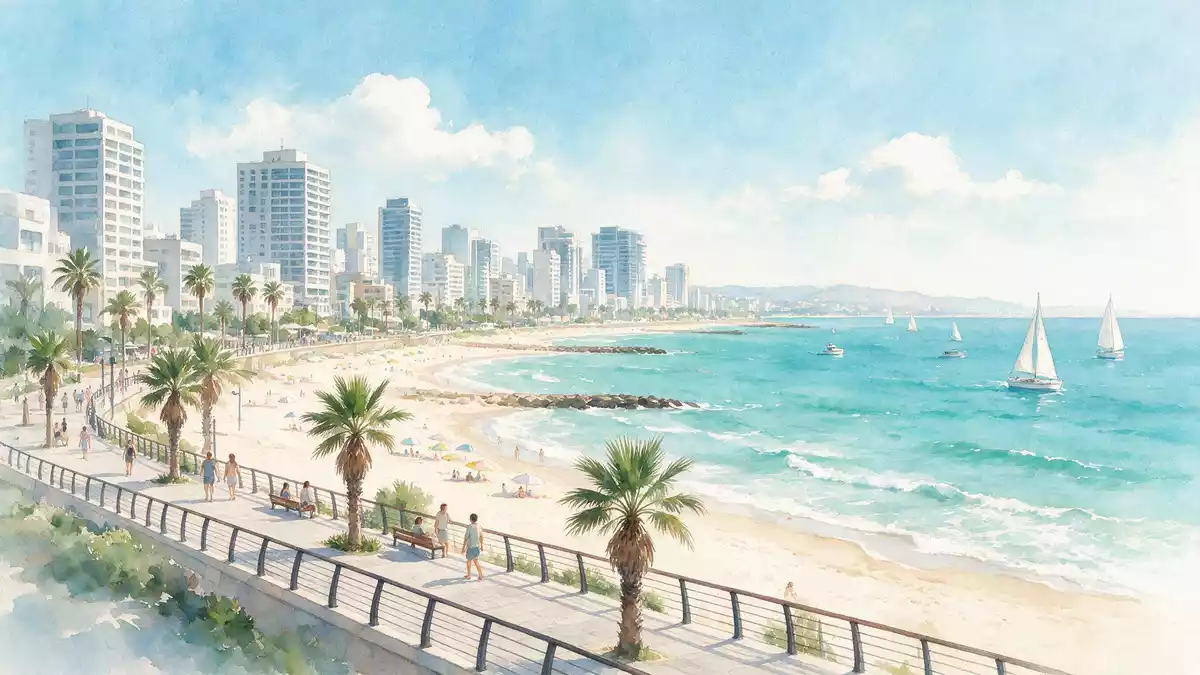 Aquarell-Illustration von Strandpromenade Tel Aviv in Tel Aviv, Israel als Reiseposter