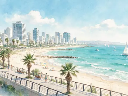 Aquarellillustration des Wahrzeichens Strandpromenade Tel Aviv in Tel Aviv Israel, weiche Farbverläufe und pastelliges Reiseposter-Feeling - Foto: THN