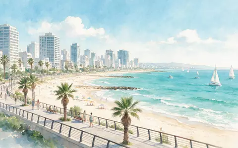 Aquarellillustration des Wahrzeichens Strandpromenade Tel Aviv in Tel Aviv Israel, weiche Farbverläufe und pastelliges Reiseposter-Feeling - Foto: THN