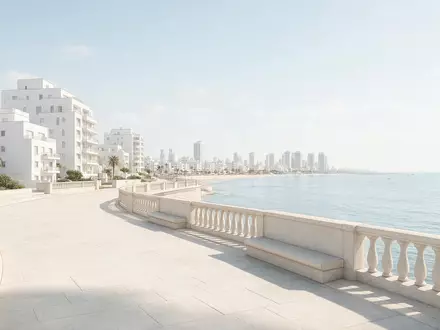 Moderner Architektur-Render zeigt Silhouette von Strandpromenade Tel Aviv in Tel Aviv Israel, klare Linien und - Foto: THN