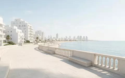 Moderner Architektur-Render zeigt Silhouette von Strandpromenade Tel Aviv in Tel Aviv Israel, klare Linien und - Foto: THN