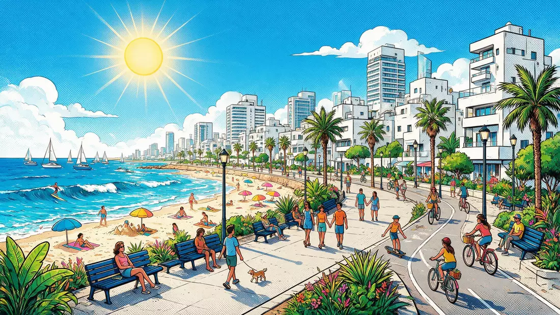 Pop-Art-Comic von Strandpromenade Tel Aviv in Tel Aviv, Israel mit Rasterpunkten