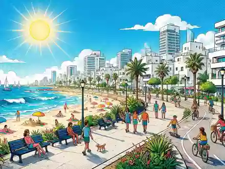 Pop-Art-Comicillustration des Wahrzeichens Strandpromenade Tel Aviv in Tel Aviv Israel, kraeftige Konturen Rasterpunkte und satte - Foto: THN