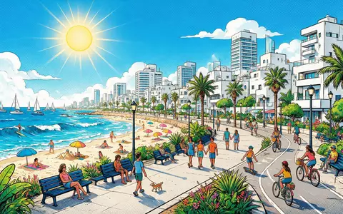 Pop-Art-Comicillustration des Wahrzeichens Strandpromenade Tel Aviv in Tel Aviv Israel, kraeftige Konturen Rasterpunkte und satte - Foto: THN