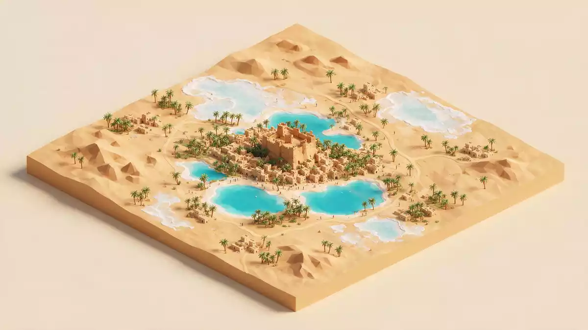 Isometrisches Diorama von Siwa-Oase in Siwa, Ägypten in Pastell