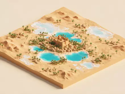 Isometrisches Diorama von Siwa-Oase und Umgebung in Siwa Ägypten, verspielte Low-Poly-Kulisse in Pastellfarben - Foto: THN