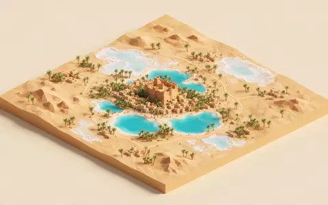 Isometrisches Diorama von Siwa-Oase und Umgebung in Siwa Ägypten, verspielte Low-Poly-Kulisse in Pastellfarben - Foto: THN