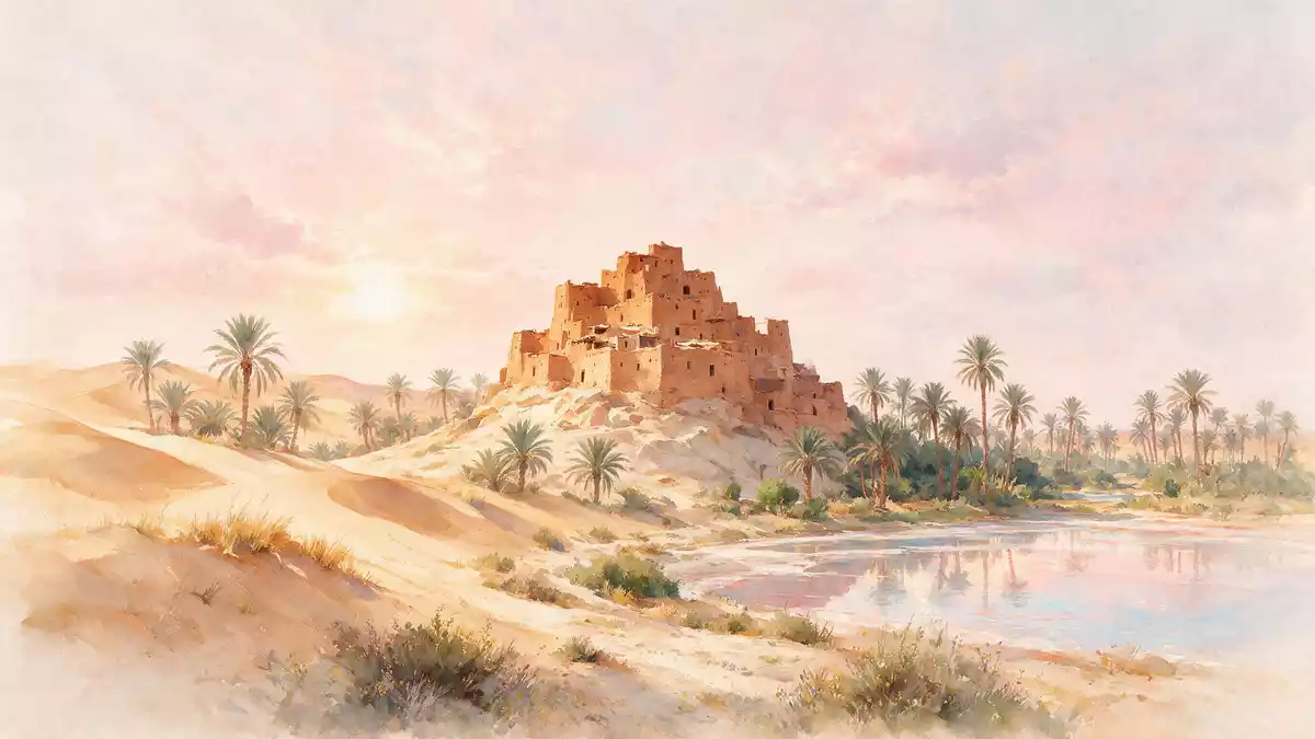 Aquarell-Illustration von Siwa-Oase in Siwa, Ägypten als Reiseposter
