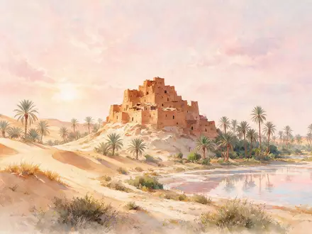 Aquarellillustration des Wahrzeichens Siwa-Oase in Siwa Ägypten, weiche Farbverläufe und pastelliges Reiseposter-Feeling - Foto: THN