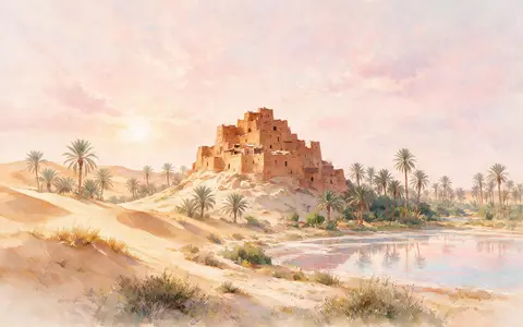 Aquarellillustration des Wahrzeichens Siwa-Oase in Siwa Ägypten, weiche Farbverläufe und pastelliges Reiseposter-Feeling - Foto: THN