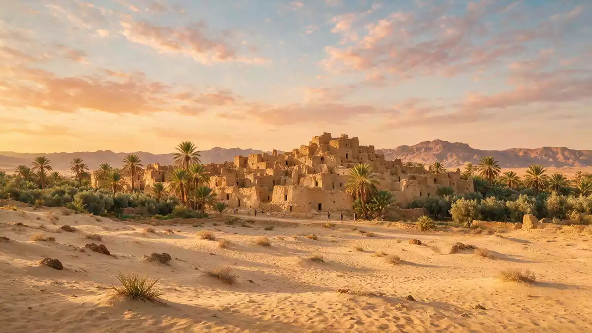 Fotorealistische Ansicht von Siwa-Oase in Siwa, Ägypten im Abendlicht