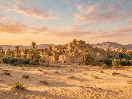 Fotorealistische Panoramaaufnahme von Siwa-Oase in Siwa Ägypten, warmes Abendlicht auf Wahrzeichen im Reisemotiv - Foto: THN