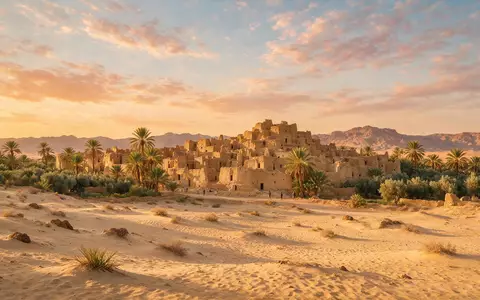 Fotorealistische Panoramaaufnahme von Siwa-Oase in Siwa Ägypten, warmes Abendlicht auf Wahrzeichen im Reisemotiv - Foto: THN