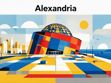 Bauhaus-Poster als geometrische Abstraktion von Bibliotheca Alexandrina in Alexandria Ägypten, kraeftige Grundfarben und harte Formkanten - Foto: THN