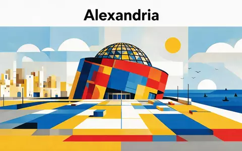 Bauhaus-Poster als geometrische Abstraktion von Bibliotheca Alexandrina in Alexandria Ägypten, kraeftige Grundfarben und harte Formkanten - Foto: THN