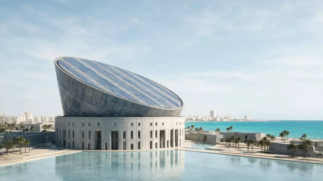 Architektur-Render von Bibliotheca Alexandrina in Alexandria, Ägypten bei Tageslicht