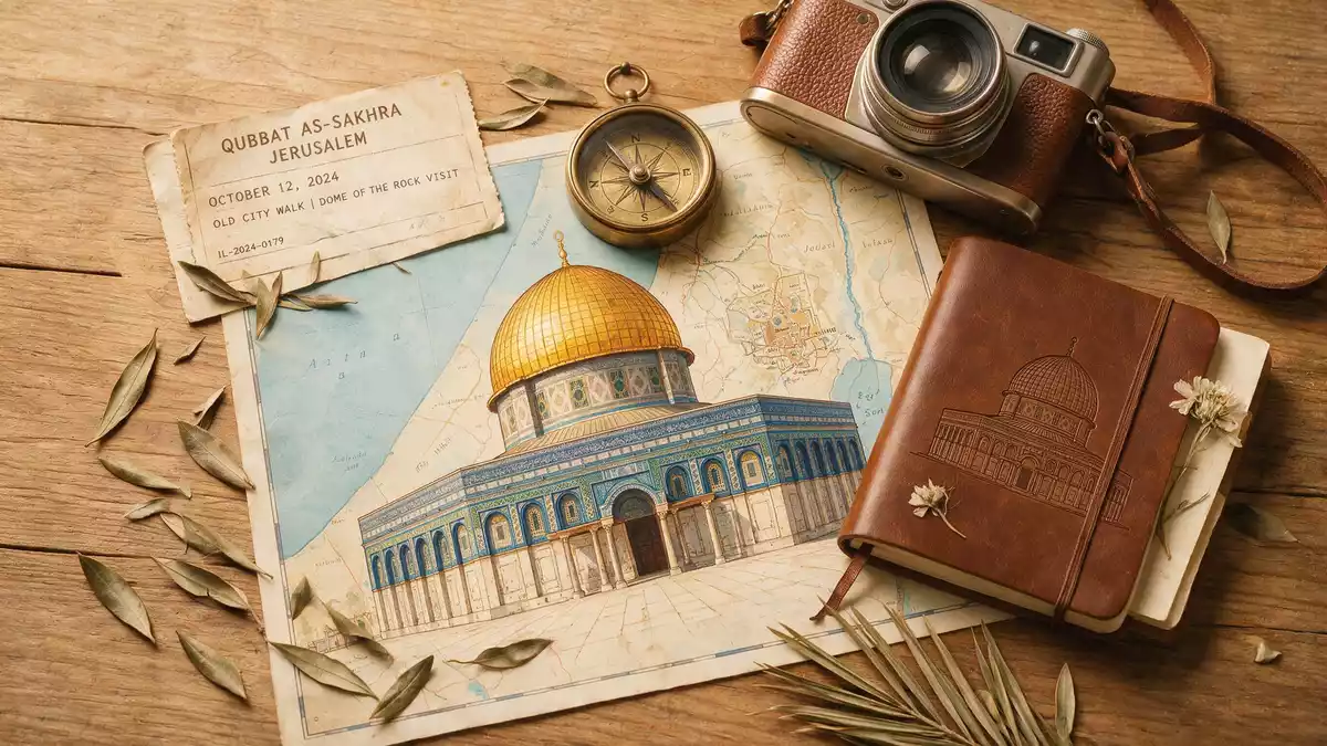 Flatlay-Reise-Arrangement rund um Felsendom Jerusalem in Jerusalem, Israel