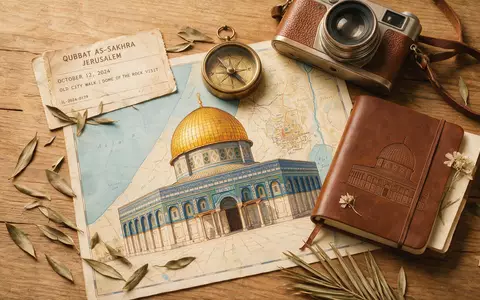 Flatlay-Reise-Arrangement rund um Felsendom Jerusalem in Jerusalem Israel, Karte Kompass Kamera und generische Reiserequisiten - Foto: THN