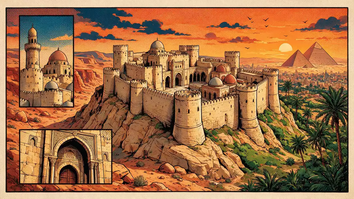 Pop-Art-Comic von Zitadelle von Saladin in Kairo, Ägypten mit Rasterpunkten