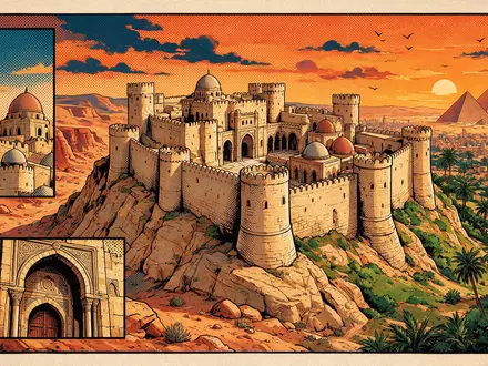 Pop-Art-Comicillustration des Wahrzeichens Zitadelle von Saladin in Kairo Ägypten, kraeftige Konturen Rasterpunkte und satte Farben - Foto: THN