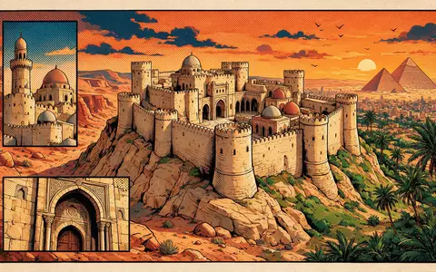 Pop-Art-Comicillustration des Wahrzeichens Zitadelle von Saladin in Kairo Ägypten, kraeftige Konturen Rasterpunkte und satte Farben - Foto: THN