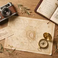 Flatlay-Reise-Arrangement rund um Zitadelle von Saladin in Kairo Ägypten, Karte Kompass Kamera und generische Reiserequisiten - Foto: THN