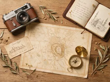 Flatlay-Reise-Arrangement rund um Zitadelle von Saladin in Kairo Ägypten, Karte Kompass Kamera und generische Reiserequisiten - Foto: THN