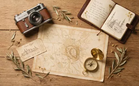Flatlay-Reise-Arrangement rund um Zitadelle von Saladin in Kairo Ägypten, Karte Kompass Kamera und generische Reiserequisiten - Foto: THN