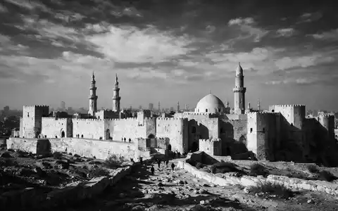 Schwarzweiss-Reportagebild vom Wahrzeichen Zitadelle von Saladin in Kairo Ägypten, dokumentarische Reisefotografie mit starken Kontrasten - Foto: THN